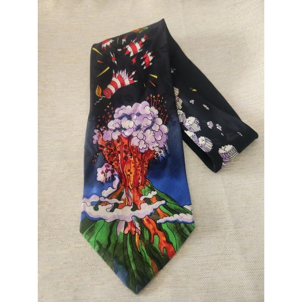 Vintage Volcano Explosive Tie 1992 Nicole Miller Fun 100% Silk Black